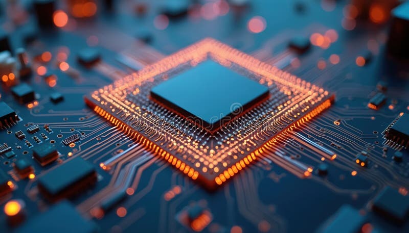 Close-up of computing processor, CPU, microchip on circuit board. Computer digital blue, orange background. Electronic circuit stock illustration