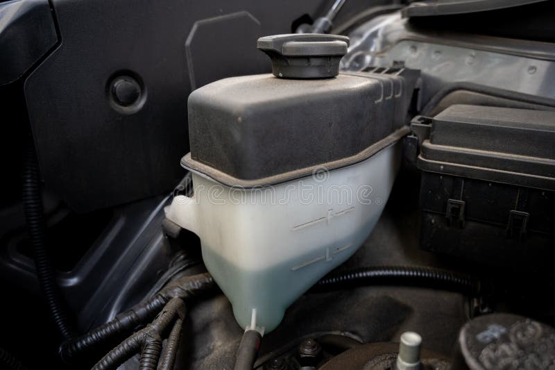 Close up of Coolant tank, Checking coolant level of the car