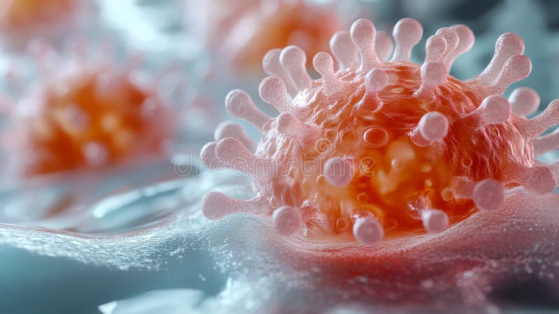 Close-up of coronavirus particle with spike proteins in a scientific visualization royalty free illustration