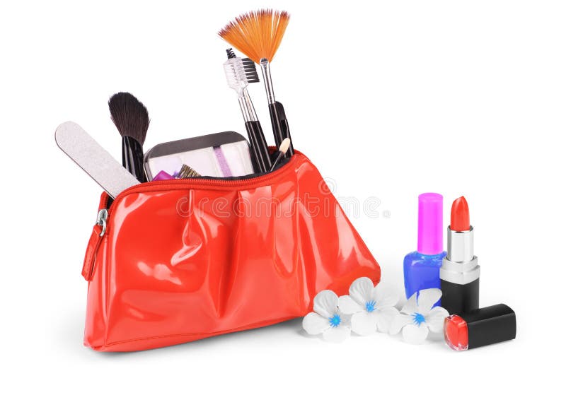 Close Up of Cosmetic Bag with Makeup Stuff Stock Photo Image of woman