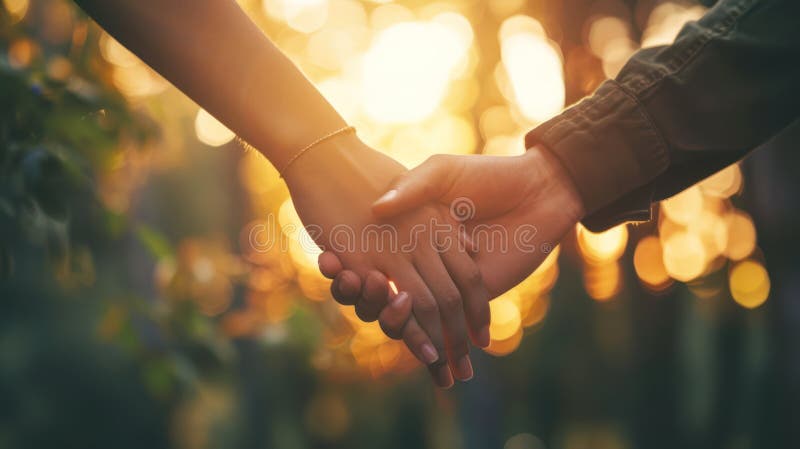 Close-up of lovers' hands intertwined, gentle warm light highlighting tender connection in the rainy night