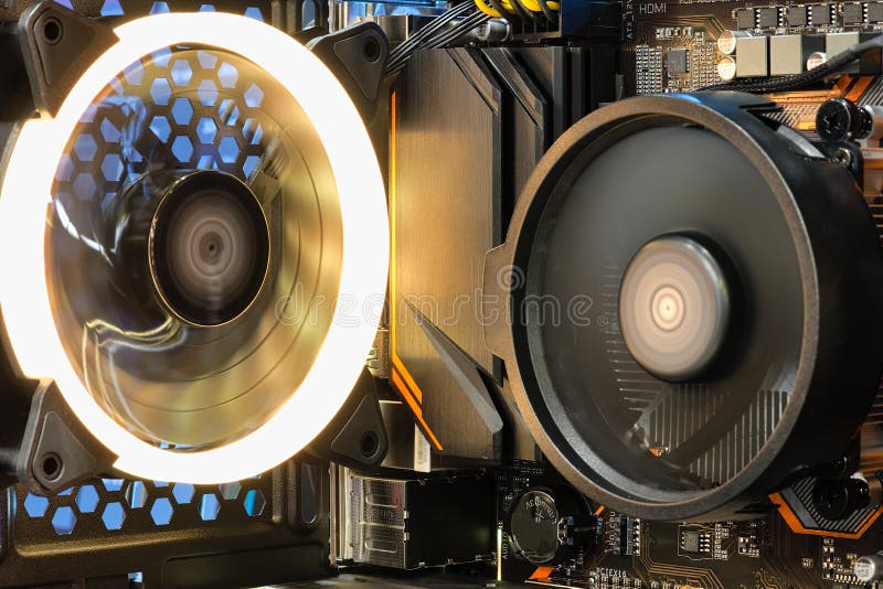 Close-up CPU Cooling Fan on working with LED RGB light show status royalty free stock images