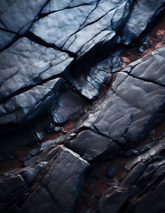 Close-Up of Cracked Dark Rocks with Distinct Textures and Natural Patterns. Ai Generative stock images
