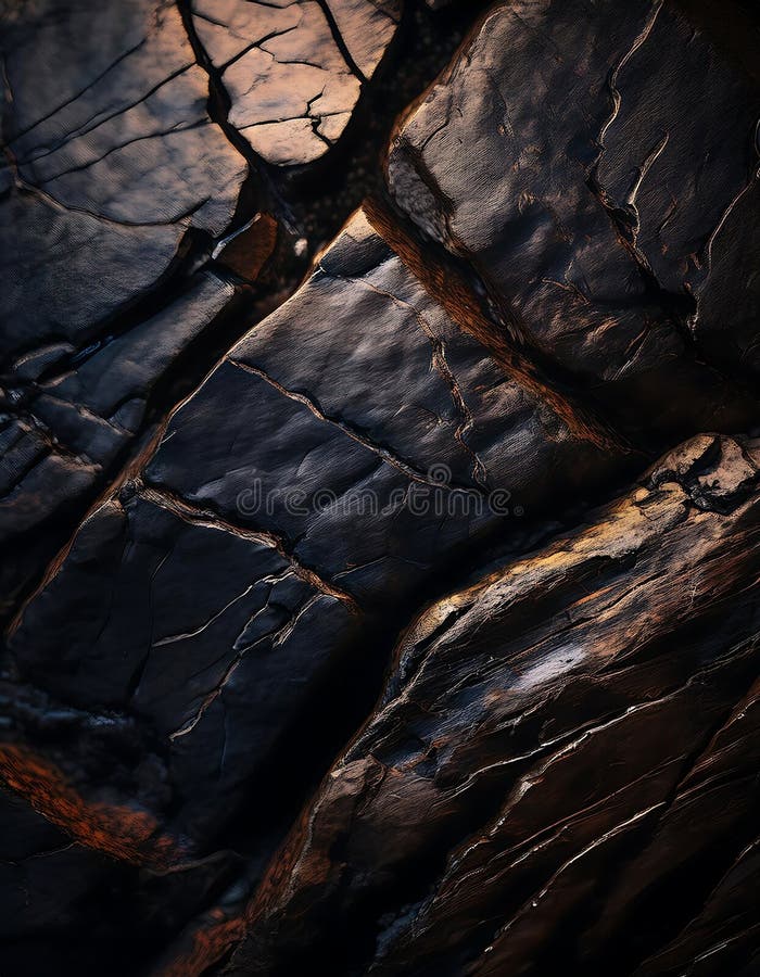 Close-Up of Cracked Dark Rocks with Distinct Textures and Natural Patterns. Ai Generative stock photos