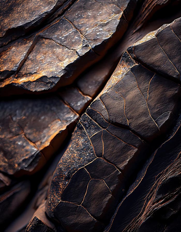 Close-Up of Cracked Dark Rocks with Distinct Textures and Natural Patterns. Ai Generative royalty free stock image