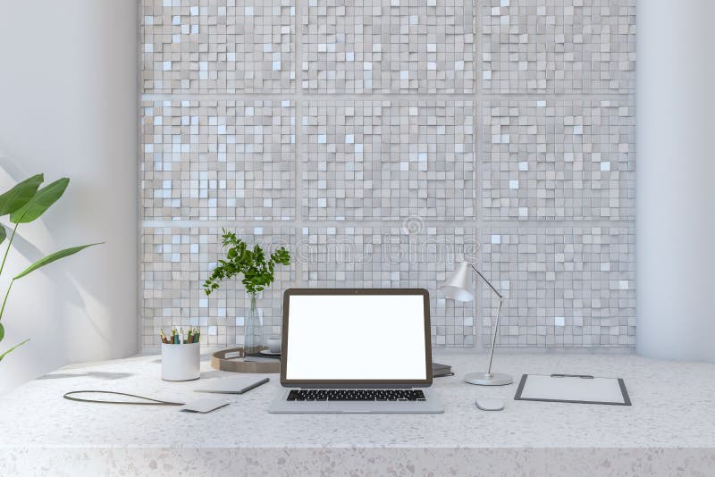 Close up of creative designer desktop with empty white laptop screen, coffee cup, lamp, supplies various other objects and shiny light tile wall background. 3D Rendering