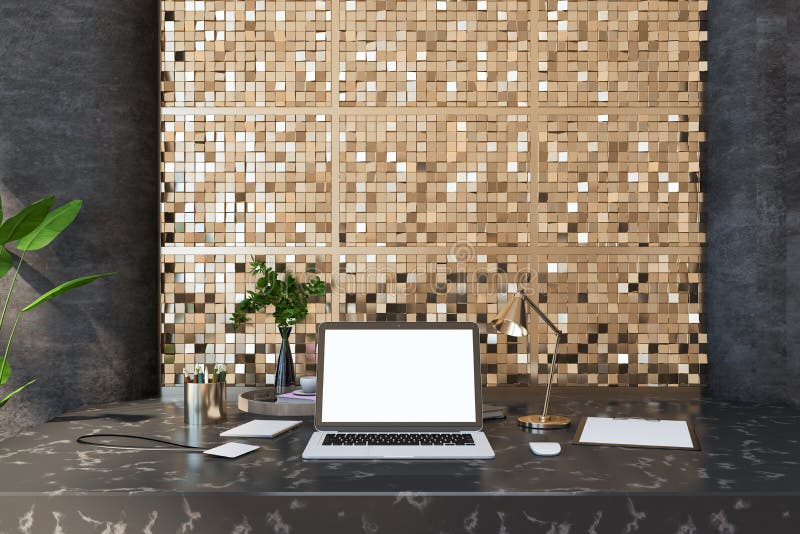 Close up of creative designer desktop with empty white laptop screen, lamp, coffee cup, supplies various other objects and shiny golden tile wall background. 3D Rendering