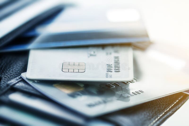 Close up credit cards in the Black leather wallet stock image
