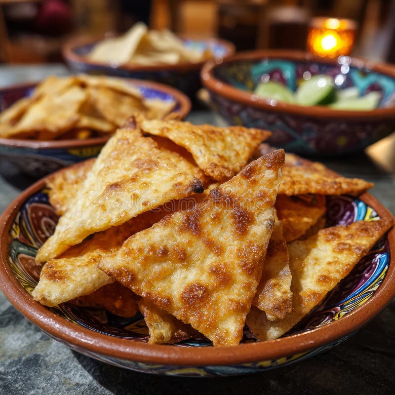 Close-up of crispy nachos in a colorful bowl on a table. stock photo