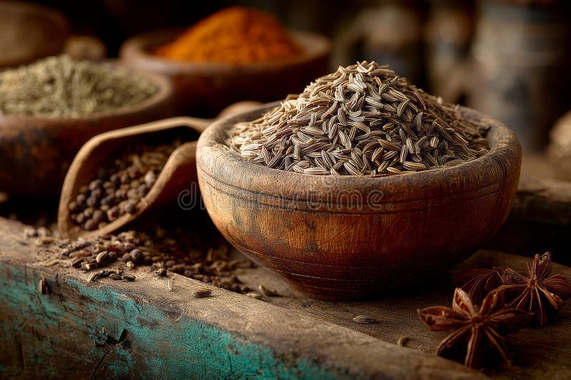 Close Up Of Cumin And Spices In Wooden Bowls On Rustic Table With Warm Lighting royalty free illustration