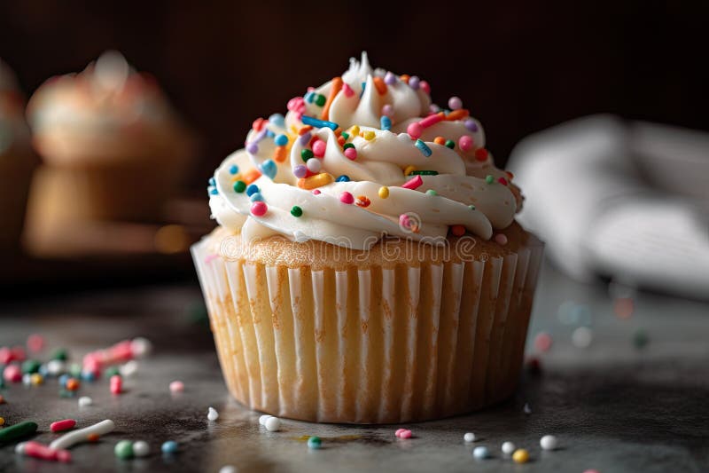 Closeup of Cupcake, with Icing and Sprinkles in View Stock Image