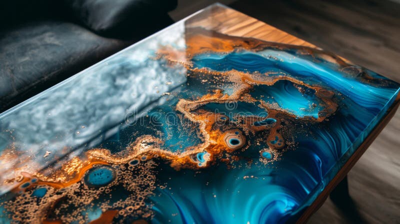 A close-up of a custom-made coffee table featuring an abstract mix of swirling epoxy resin in blue and gold hues. AI generated. A close-up of a custom-made coffee table featuring an abstract mix of swirling epoxy resin in blue and gold hues. AI generated