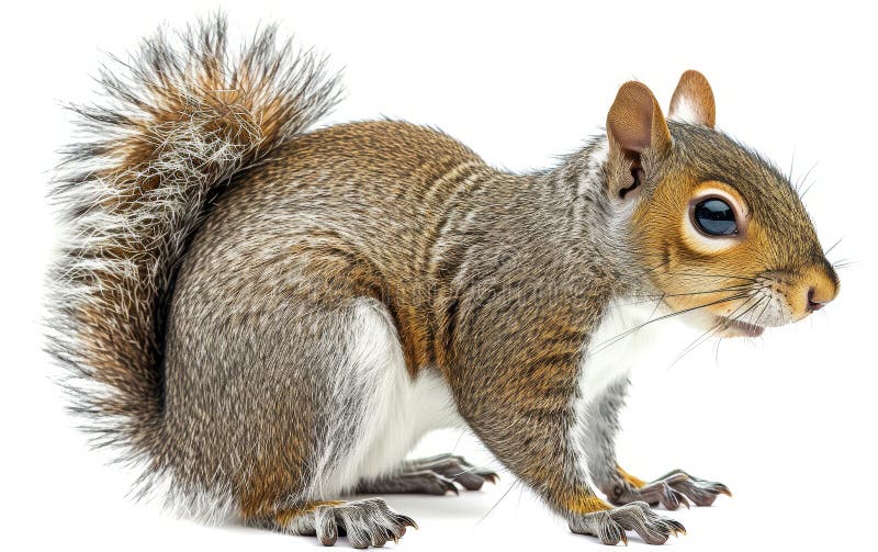 Close-up of a cute, alert squirrel with detailed fur and big eyes, isolated on a white background.