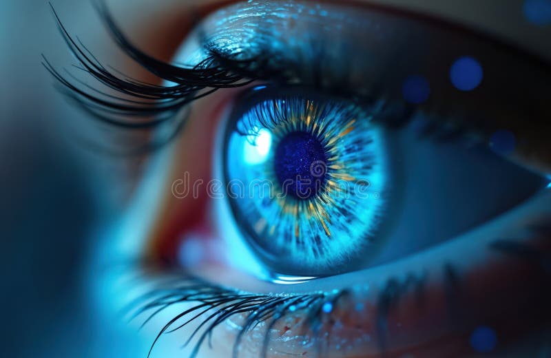 Close-up cyber eye with neon blue chips inside iris, lens. Futuristic tech, AI, computer vision concept. Data analysis, digital royalty free stock photo
