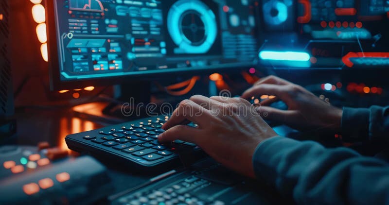Close-up of a cybersecurity expert\'s hands typing, with secure firewall technology on the screen. Cybersecurity expert royalty free illustration