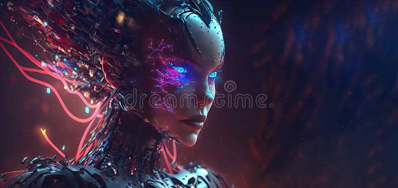 Close up of Cyborg Artificial intelligence face in Hi-tech futuristic with wires connected to body, science fiction design