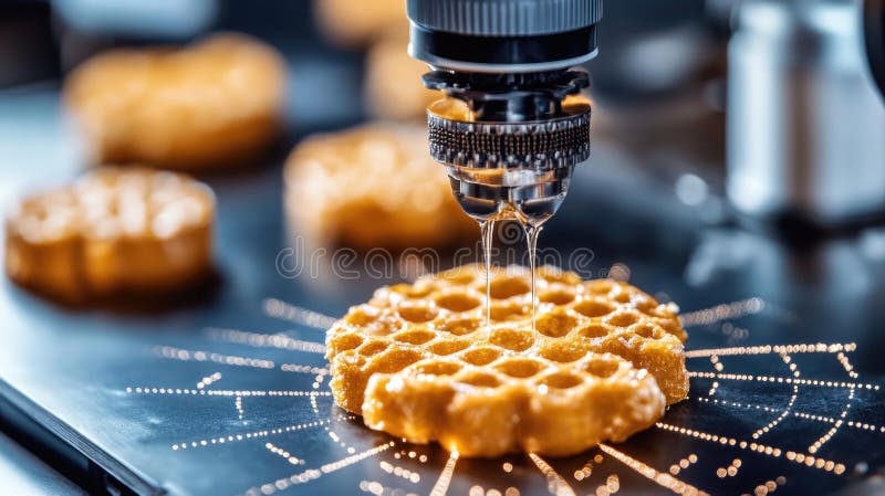 Close-up of 3d printer creating intricate honeycomb pattern with precision stock image