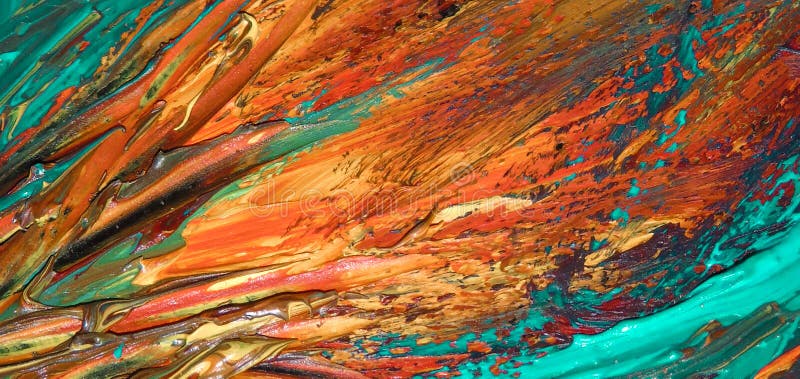 Close up da pintura a óleo abstrata da laranja e da água-marinha na lona, fundo das cores, borrões, fogo