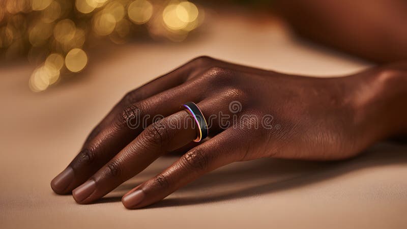 A close-up of a dark-skinned hand wearing a sleek smart ring. Modern technology and digital lifestyle. vector illustration