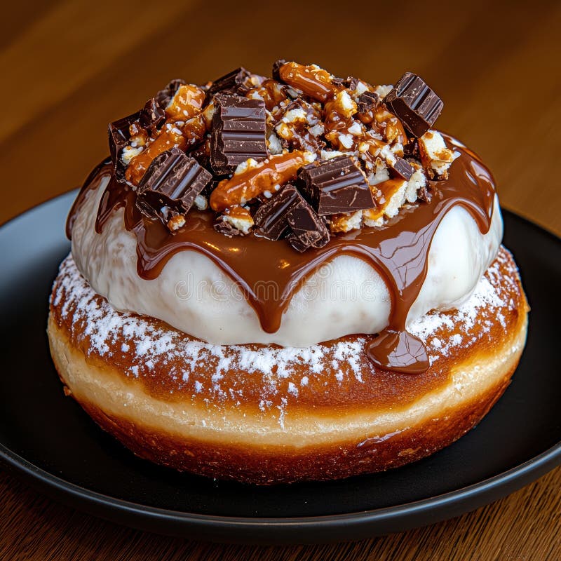 Close-up of a decadent chocolate-covered donut with pretzels and nuts royalty free illustration