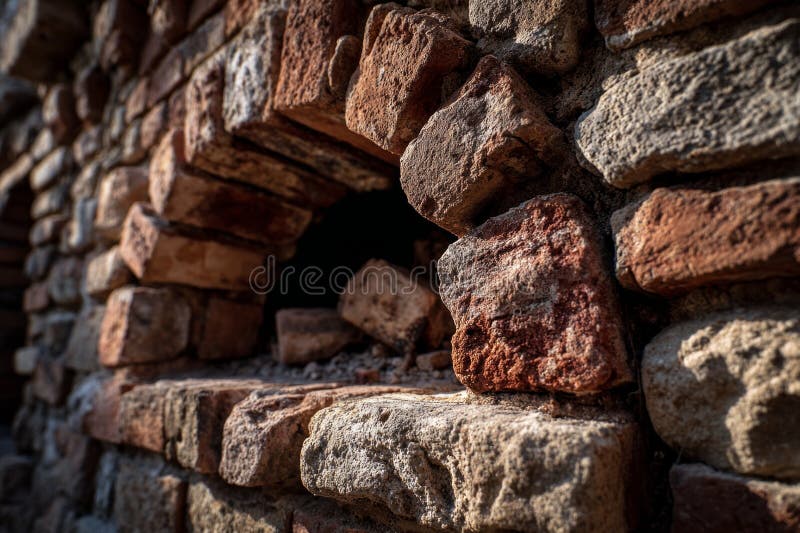 Close up of decaying brick wall featuring an arch shaped opening illuminated by sunlight showcasing texture and deterioration royalty-vrije stock foto's