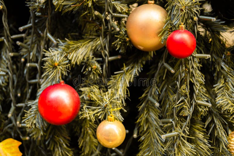 Closeup of a Decorated Christmas Tree with Christmas Balls Stock Image