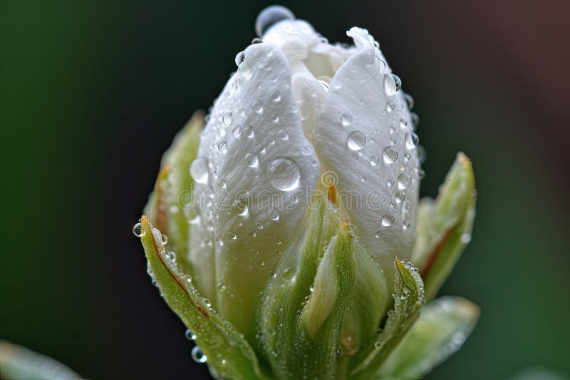 Closeup of Delicate Flower Bud, with Dewdrop Forming on Its Petal