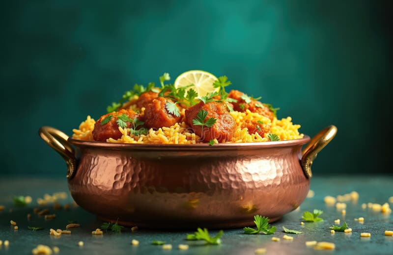 Close-up of delicious Dum chicken biryani. Indian rice dish with meat, vegetables, garnished with fresh cilantro, lemon. Traditional Asian cuisine cooked in copper pot with golden. Chicken dum biryani stock images, royalty-free photos and pictures