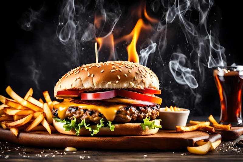 a close-up of a delicious home-made burger with french fries and flames on the fire.