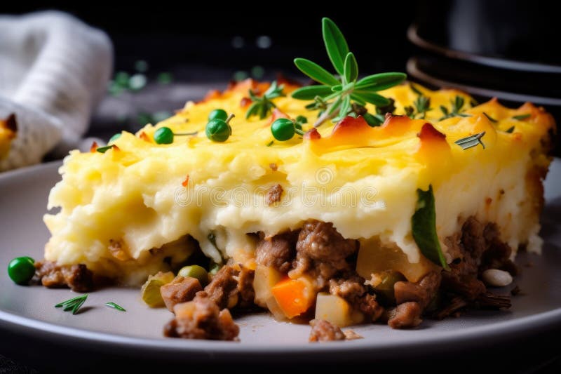 Close-up of delicious Shepard\ s pie with golden-brown mashed potato topping and rich, savory meat filling