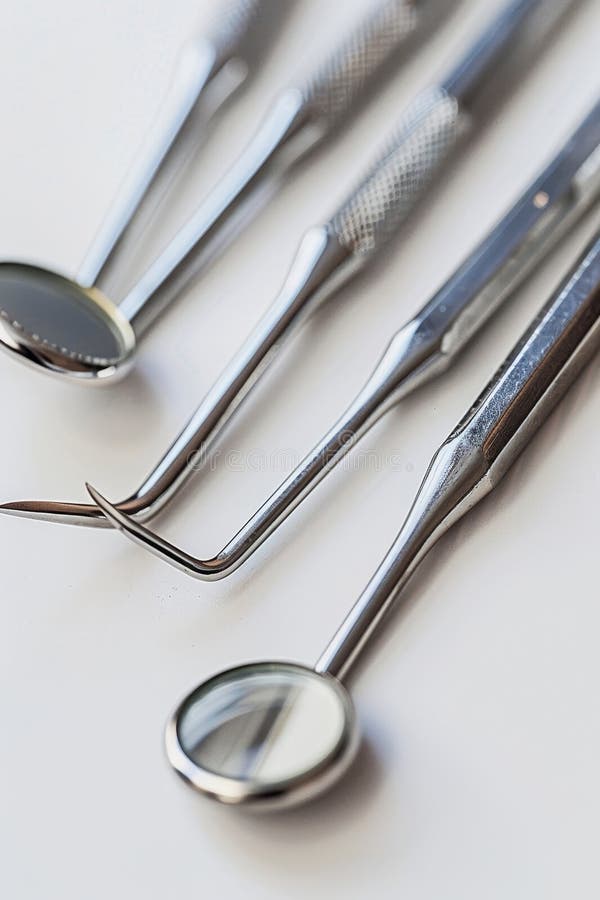 CloseUp of Dental Examination Tools on White Background. Professional