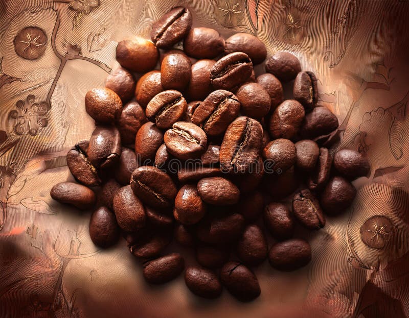 Close-Up Depiction of Roasted Coffee Beans in a Rustic Setting stock illustration
