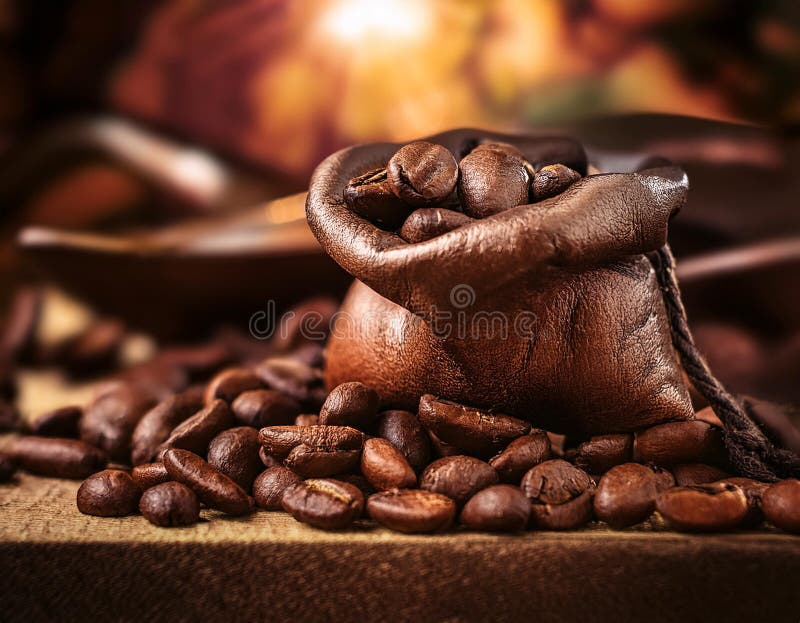 Close-Up Depiction of Roasted Coffee Beans in a Rustic Setting stock illustration