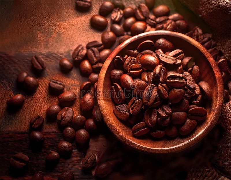 Close-Up Depiction of Roasted Coffee Beans in a Rustic Setting stock illustration