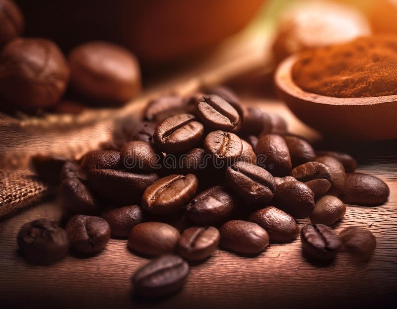 Close-Up Depiction of Roasted Coffee Beans in a Rustic Setting stock illustration