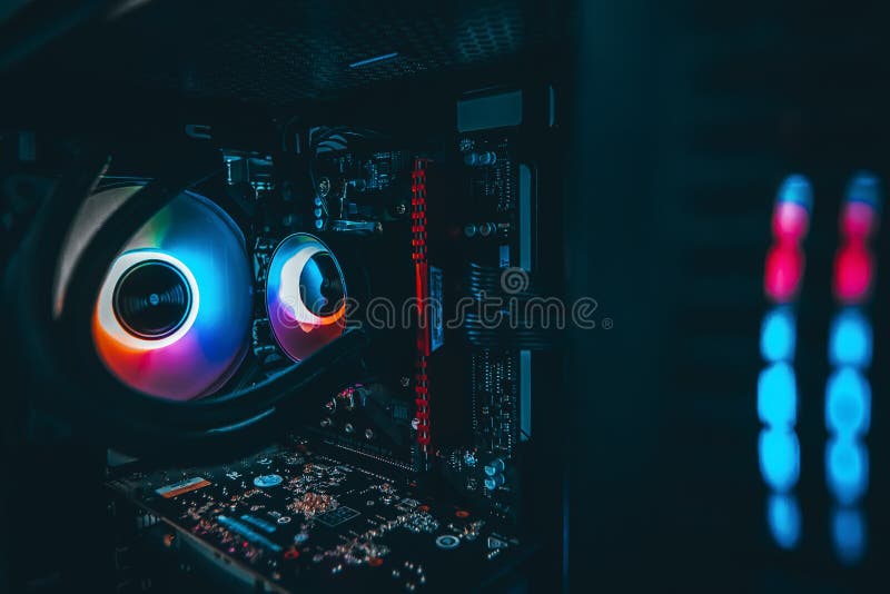 Close-up and inside Desktop PC Gaming and Cooling Fan CPU system with  multicolored LED RGB light show status on working mode, interior PC Case  technology background Stock Photo