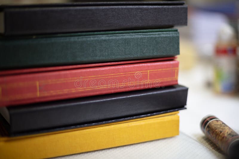 Close up of bespoke book covers at a book binder