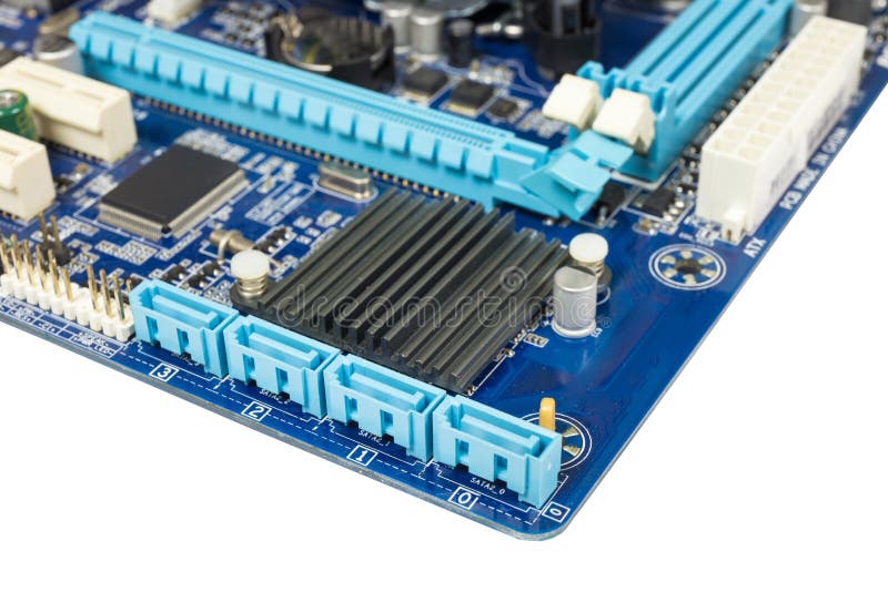 Close-up detail on a SATA port for Hard Disk SSD Solid State Drive or DVD-ROM in scheme mainboard