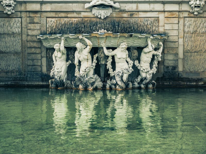 Close up detail with the sculpture of the Shell Fountain (Muschelbrunnen) located in the gardens of the Belvedere Palace stock image