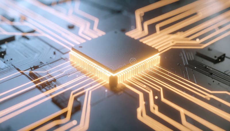 Close-up of a detailed computer microchip with glowing gold contacts and intricate circuitry on a dark circuit board, showcasing vector illustration