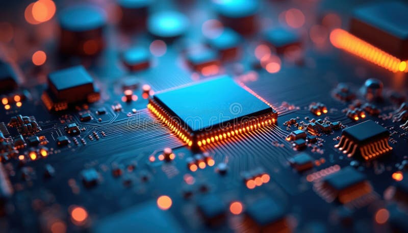 Close-up of detailed glowing electronic circuit board with microchips. Macro photography of computer motherboard with orange royalty free illustration