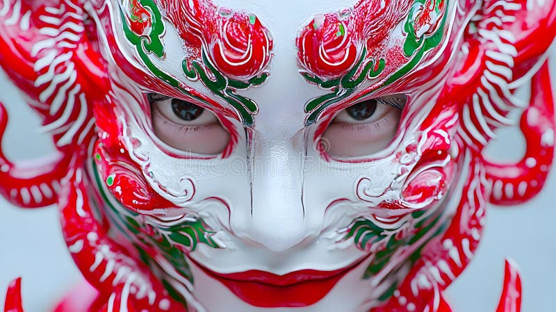 Intricate Red and White Mask Featuring Artistic Floral and Abstract Design vector illustration