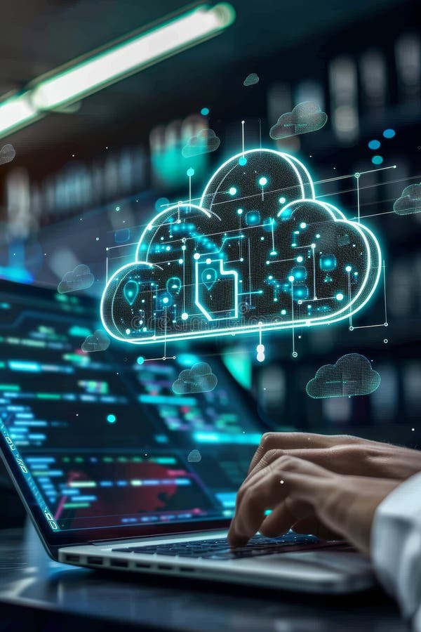 Close Up of Developer Working on Computer with Projected Digital Cloud and Abstract Programming Code royalty free illustration