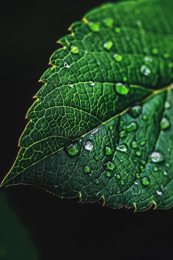 Close-up of a dew-covered green leaf on a dark background stock illustration