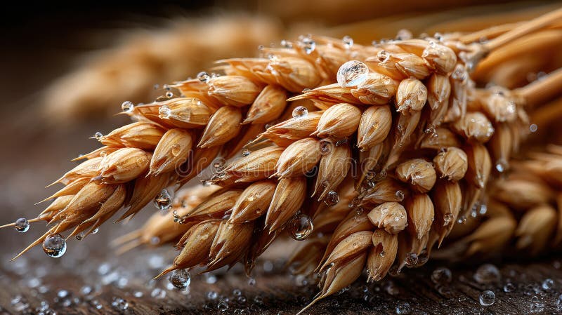 Close-up of dew-covered wheat ears on rustic wooden surface with drops highlighting natural textures and colors stock illustration