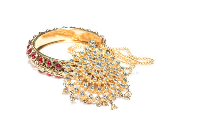 Close Up of Diamond Necklace and Bracelet on White Background Stock