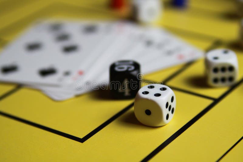 Close Up of Dices and Cards on Yellow Game Board Stock Image Image of