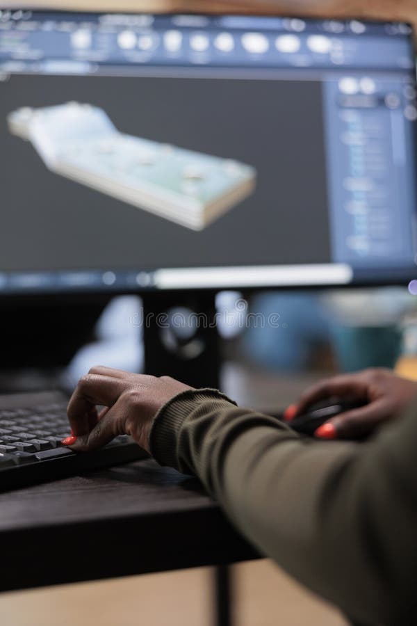 Close up of digital artist working on 3D model to improve geometry and optimise project. stock images