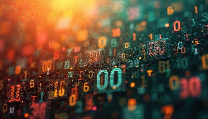 Close-up of digital artwork with numbers symbols, bright colors. Abstract tech art, data, binary code, information, math. Cyber