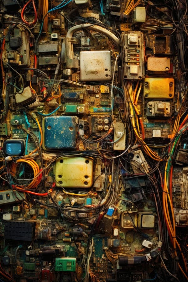 Close-up of discarded electronic devices and cables stock illustration